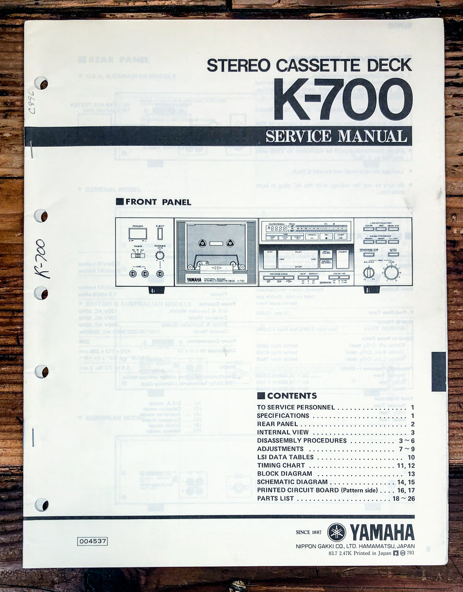 Yamaha K-700 Cassette Service Manual *Original*