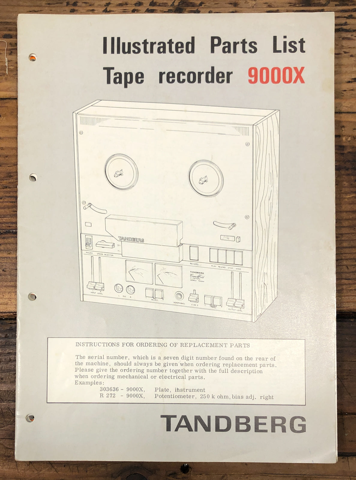 Tandberg Model 9000X Reel to Reel Illustrated Parts List  *Original*