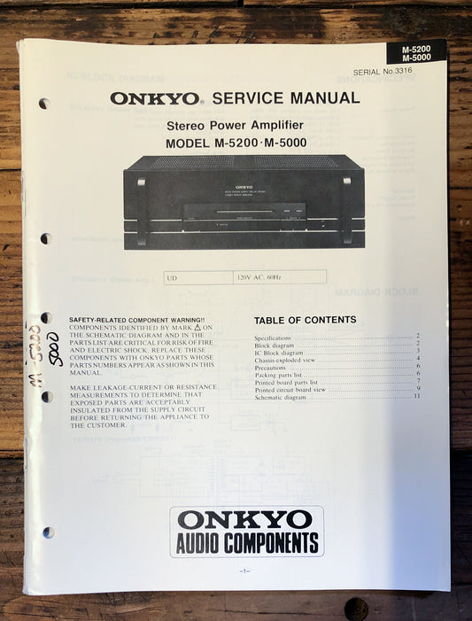 Onkyo M-5200 M-5000 Amplifier  Service Manual *Original*
