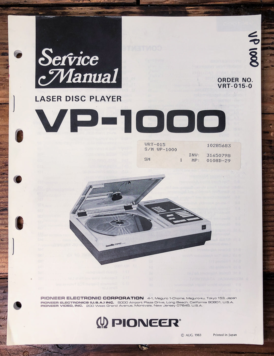 Pioneer VP-1000 Laser Disc Player Service Manual *Original*