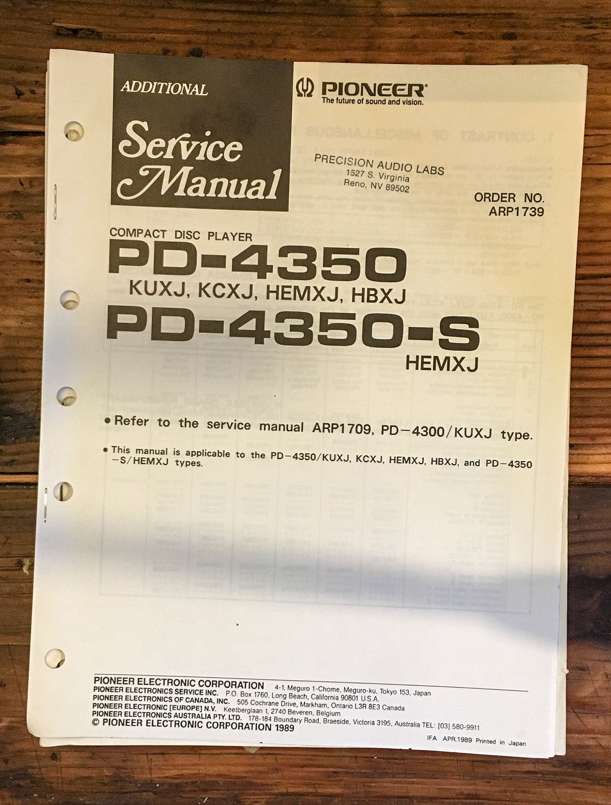 Pioneer PD-4350 PD-4350S CD Player Service Manual *Original*