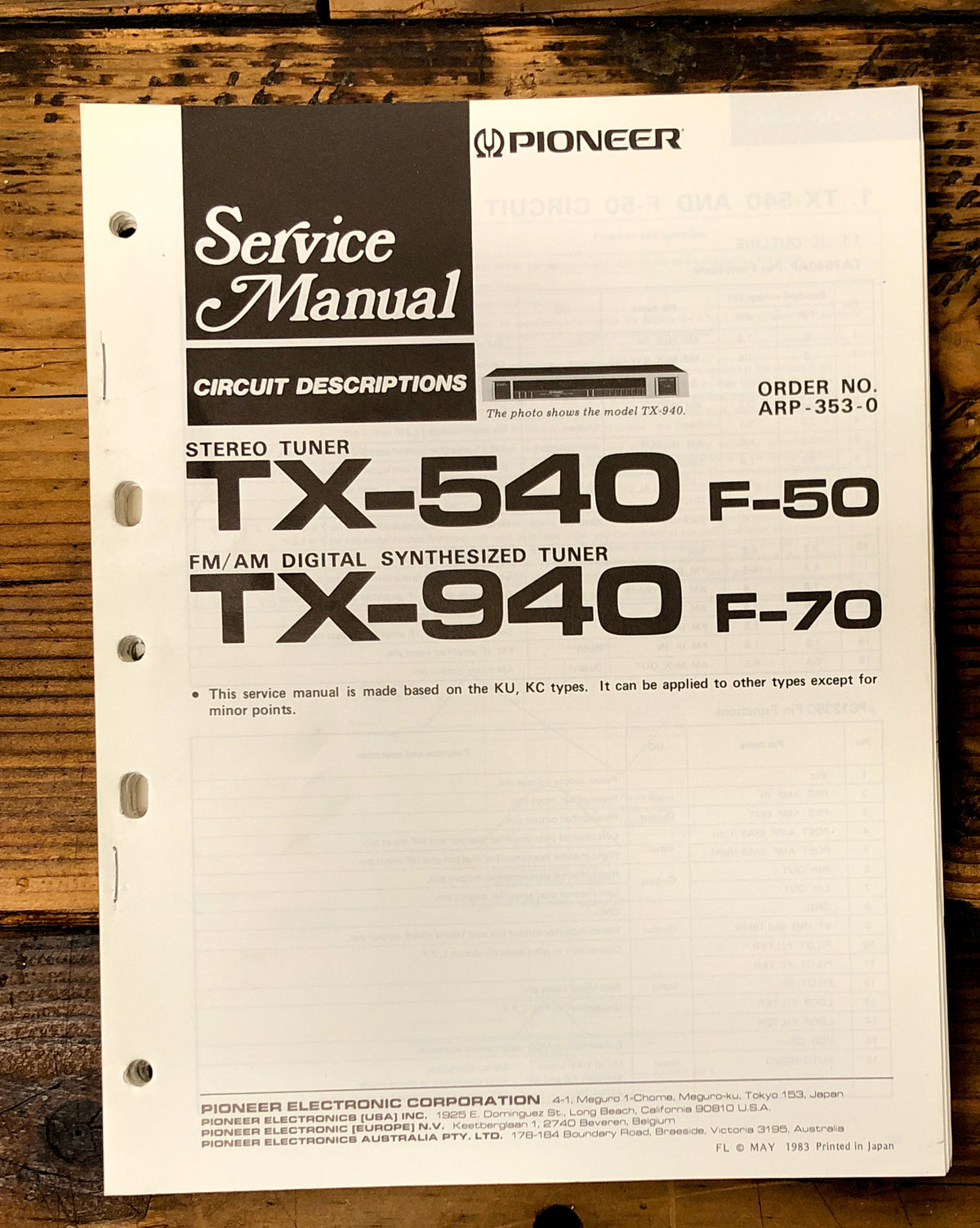 Pioneer TX-540 TX-940 F-50 F-70 Tuner Service Manual *Original*