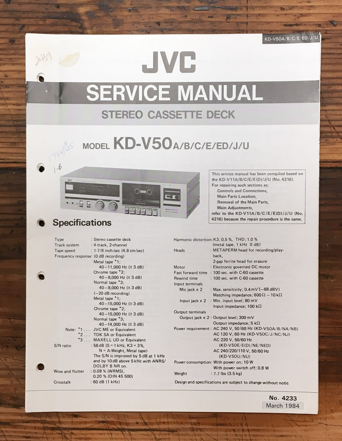 JVC KD-V50 Cassette  Service Manual *Original*