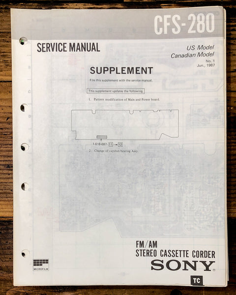 Sony CFS-280 Radio / Stereo Supp. Service Manual *Original*