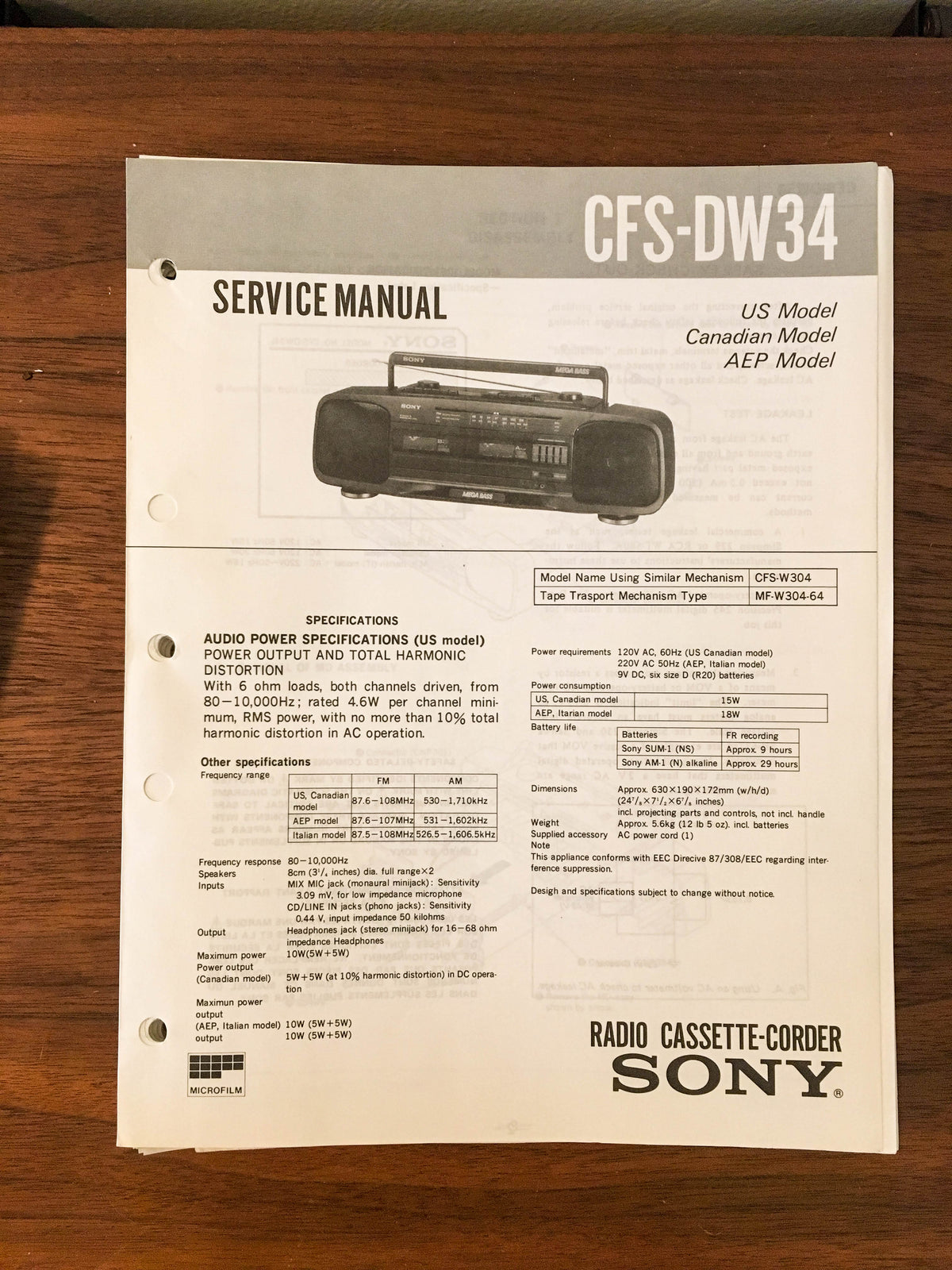 Sony CFS-DW34 RADIO CASSETTE Service Manual *Original*