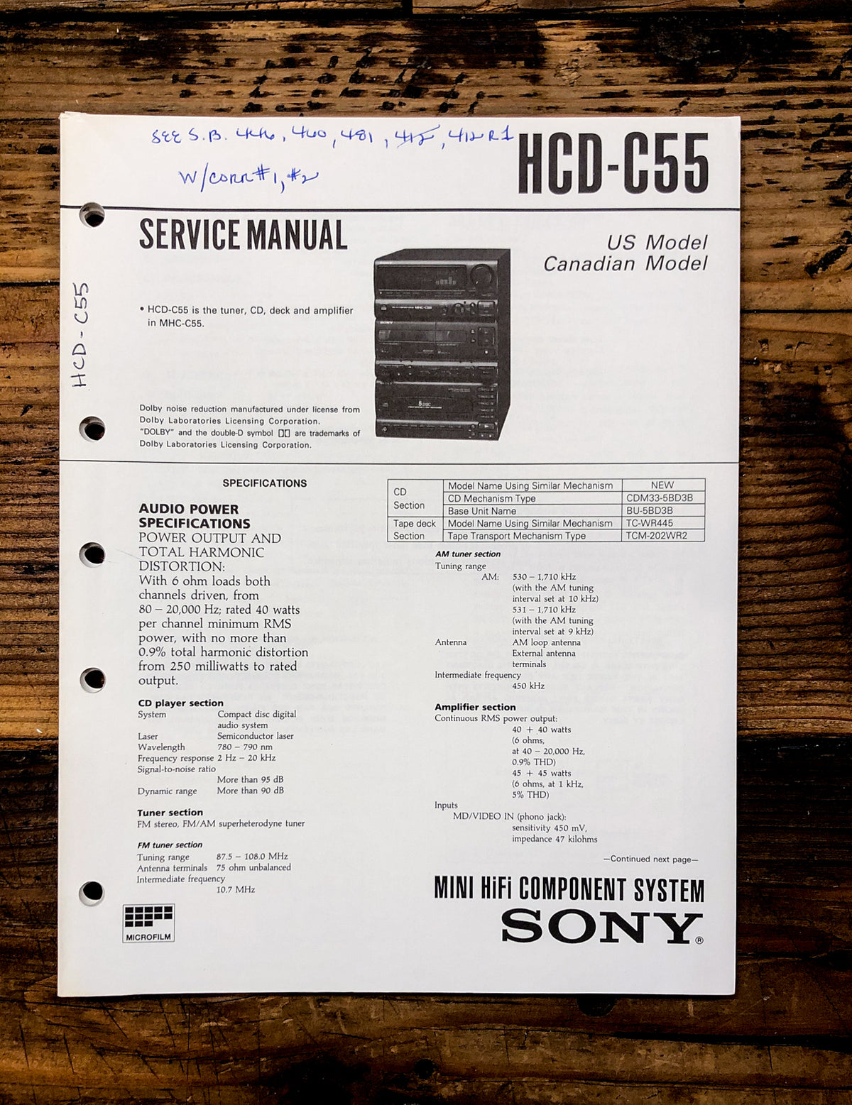 Sony HCD-C55 Stereo  Service Manual *Original*