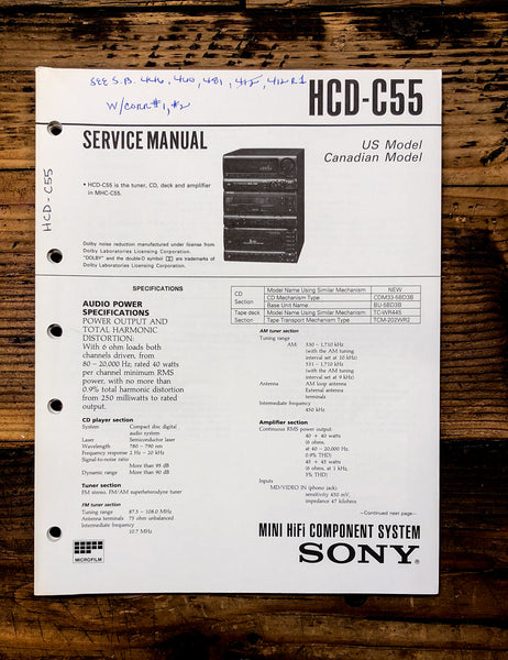 Sony HCD-C55 Stereo  Service Manual *Original*