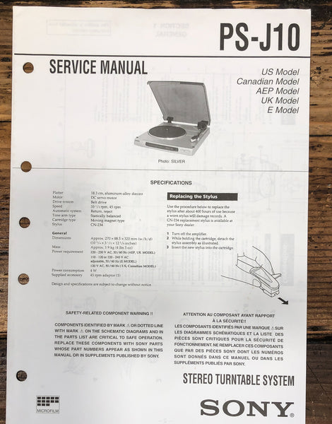 Sony PS-J10 Record Player / Turntable Service Manual *Original*
