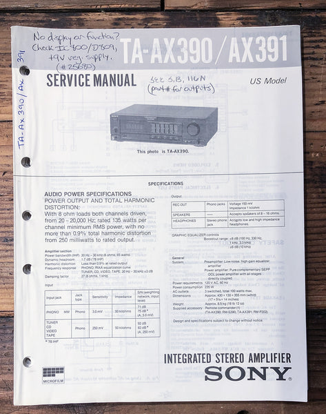 Sony TA-AX390 TA-AX391 Amplifier  Service Manual *Original*