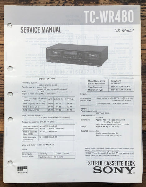 Sony TC-WR480 Cassette  Service Manual *Original*