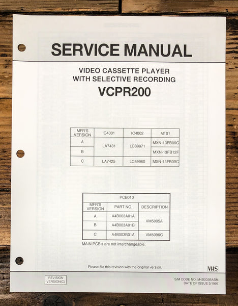 Emerson / Orion Model VCPR200 VCR Supp. Service Manual *Original*