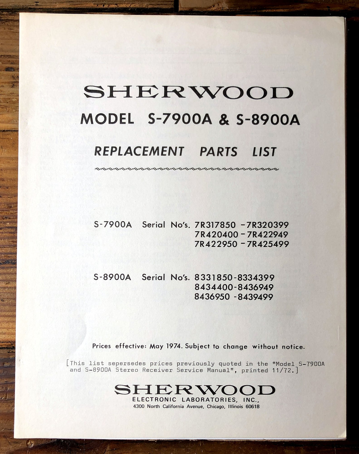Sherwood S-7900A S-8900A Receiver Parts List *Original*