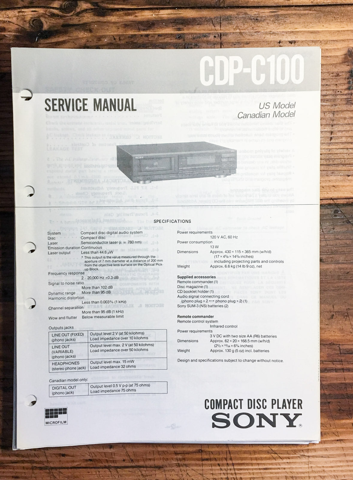 Sony CDP-C100 CD Player  Service Manual *Original*