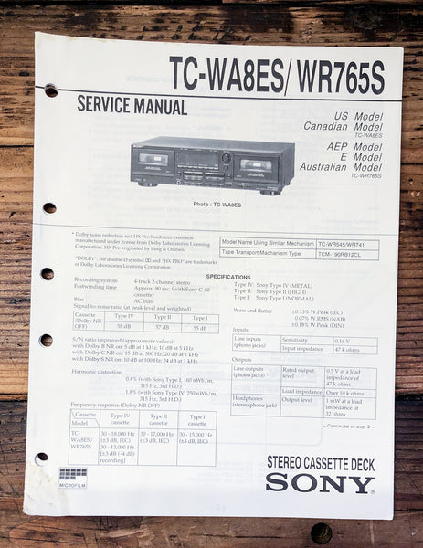 Sony TC-WA8ES TC-WR765S Cassette Service Manual *Original*