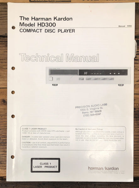 Harman Kardon HD300 HD-300 CD Player  Service Manual *Original*