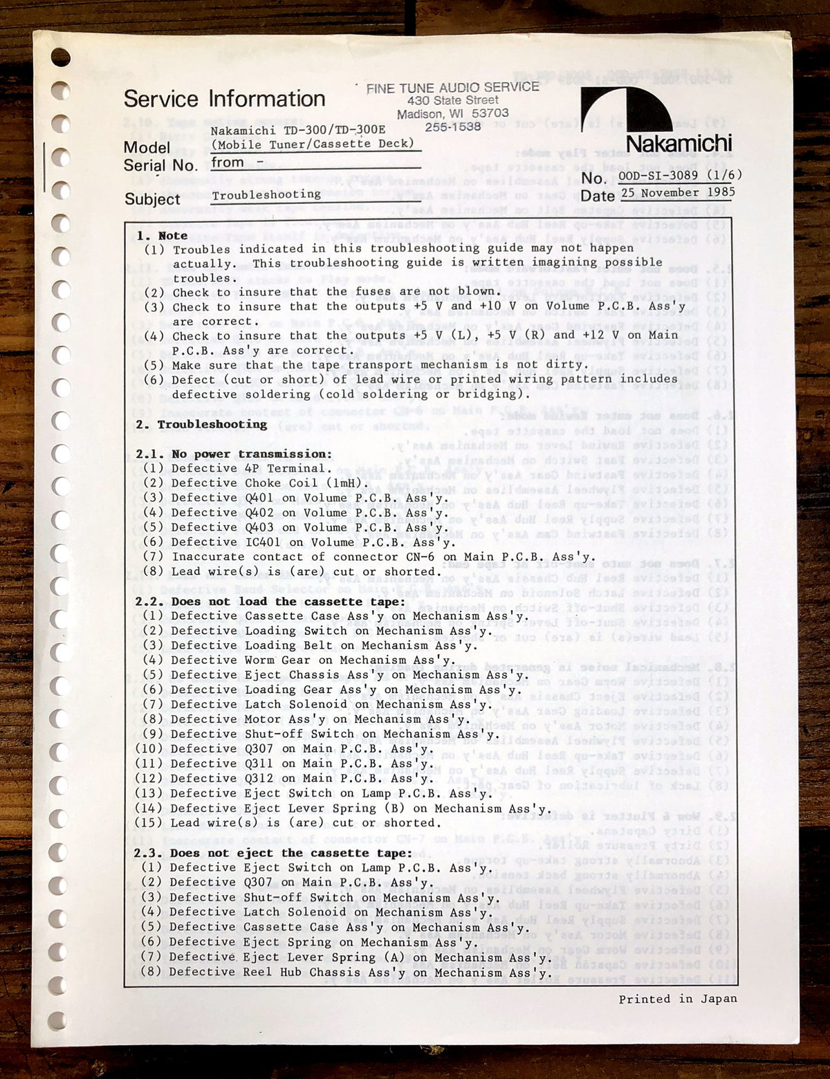 Nakamichi TD-300 Mobile Tuner/Cassette Deck Supp. Service Manual *Original*