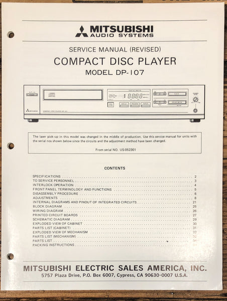 Mitsubishi DP-107 CD Player  Service Manual *Original*