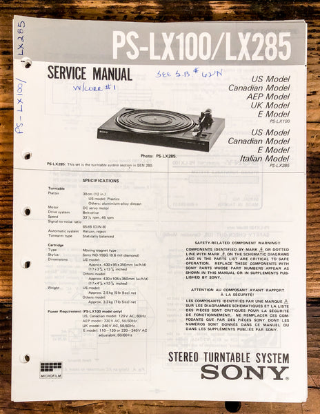 Sony PS-LX100 PS-LX285 Record Player / Turntable  Service Manual *Original*