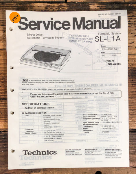 Technics SL-L1A Record Player / Turntable  Service Manual *Original*