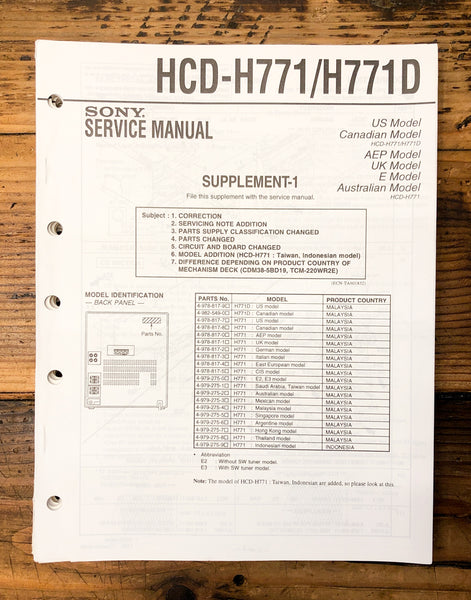 Sony HCD-H771 HCD-H771D Stereo Supp. Service Manual *Original*