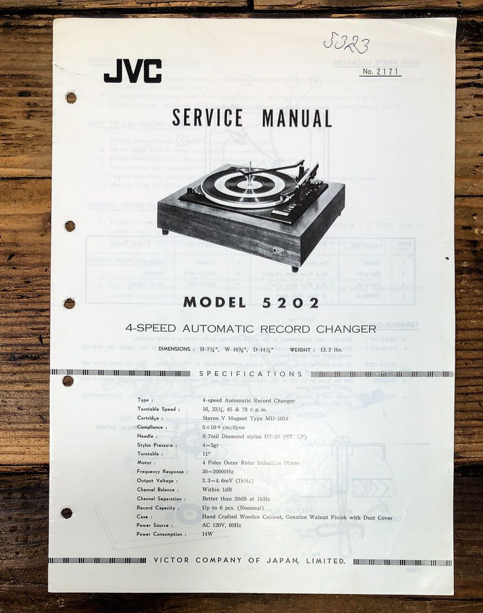 JVC Model 5202 Record Player / Turntable Service Manual *Original*