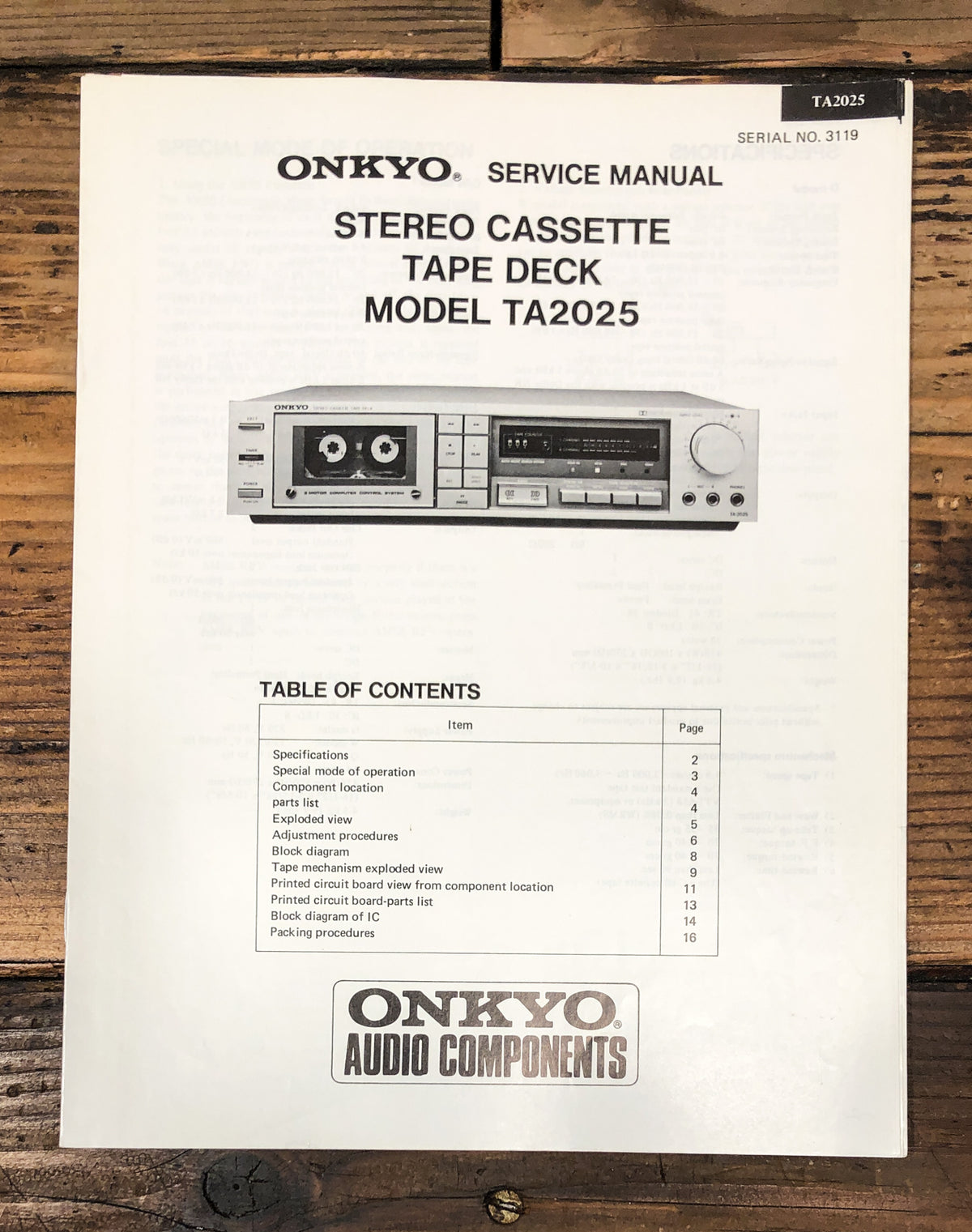 Onkyo TA-2025 TA2025 Cassette Service Manual *Original*
