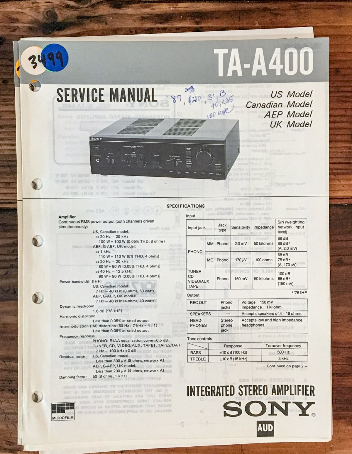 Sony TA-A400 Amplifier  Service Manual *Original*