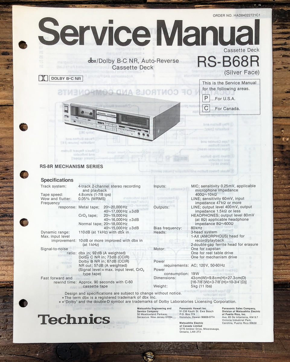 Technics RS-B68R Cassette Service Manual *Original*