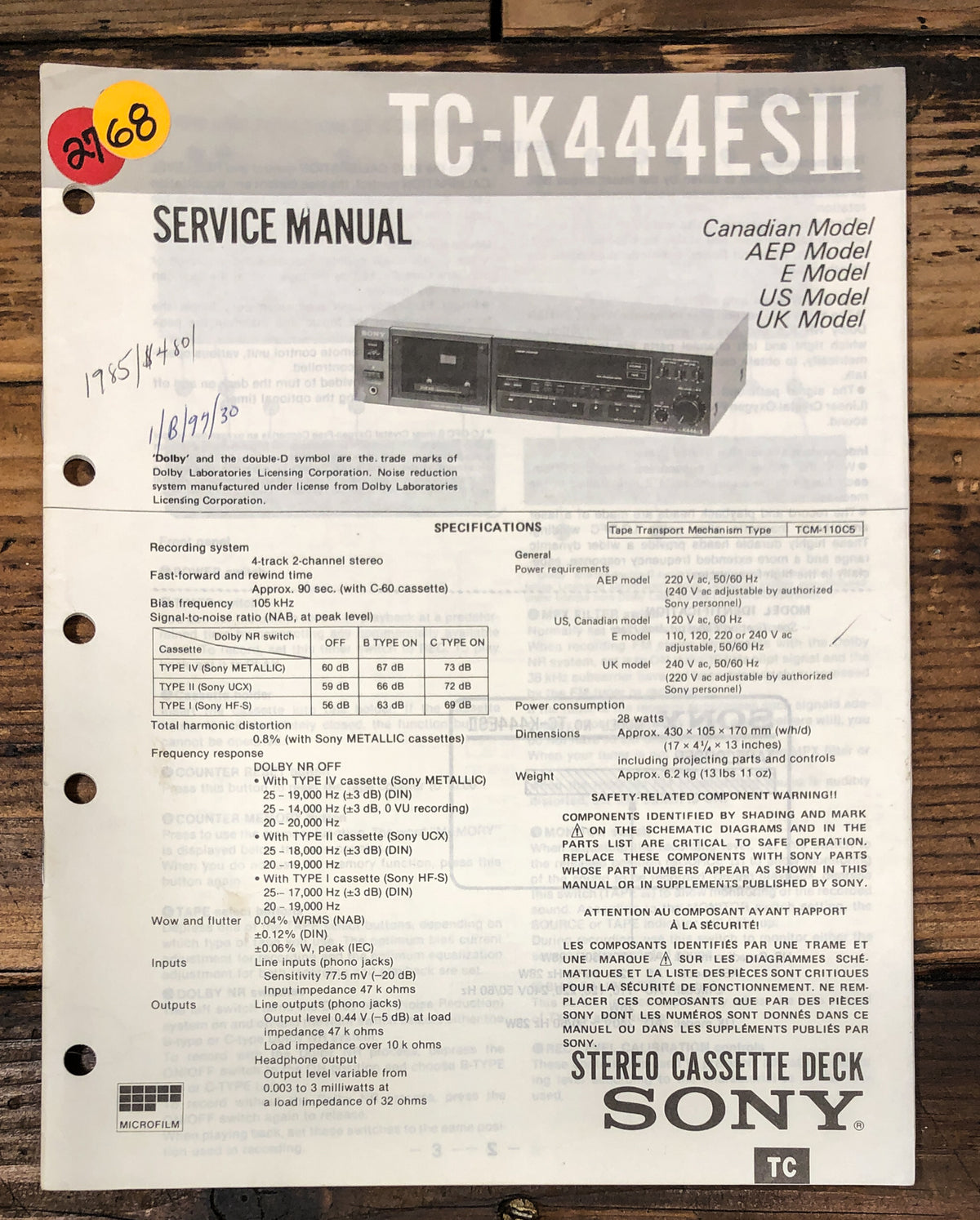 Sony TC-K444ESII -K444ES MK2 Cassette Service Manual *Original*
