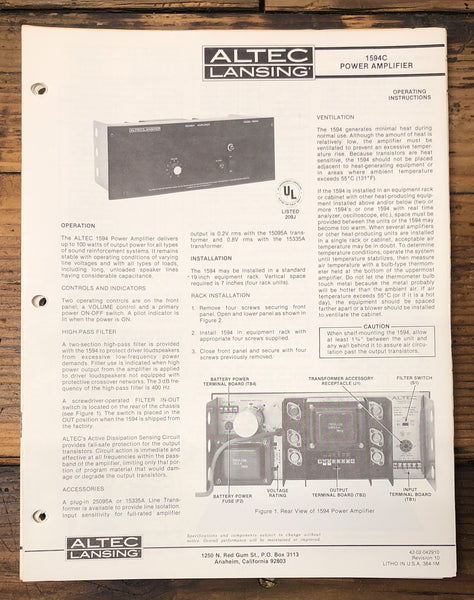 Altec Model 1594C Amplifier  Owners & Schematic Manual *ORIGINAL*