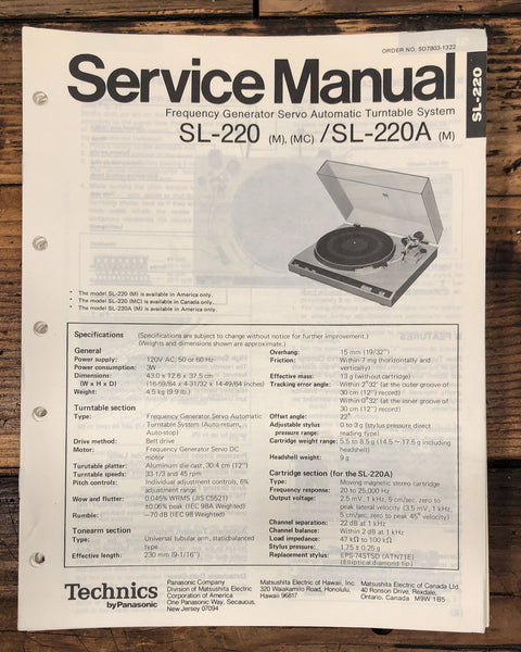 Technics SL-220 SL-220A Turntable  Service Manual *Original*