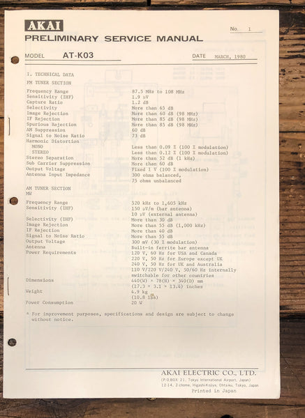 Akai AT-K03 Tuner PreliminaryService Manual *Original*