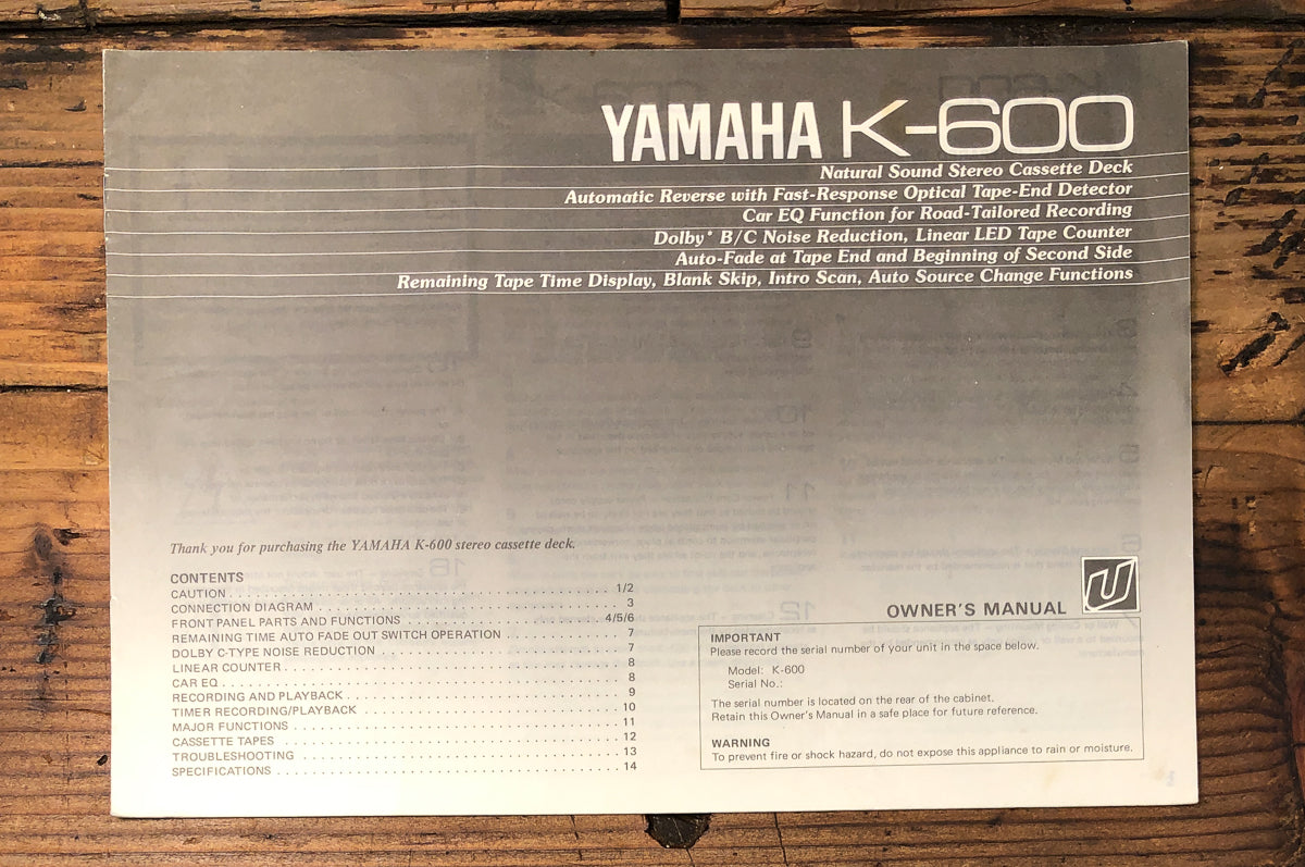 Yamaha K-600 Cassette Owners / User Manual *Original*