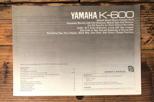 Yamaha K-600 Cassette Owners / User Manual *Original*