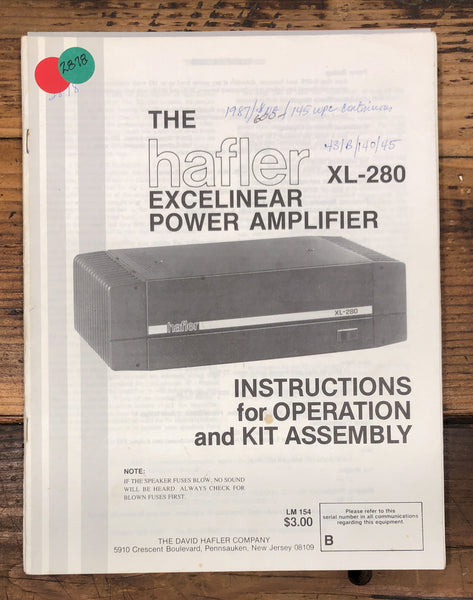 Hafler XL-280 Amplifier Assembly and Operation Manual  *Original*