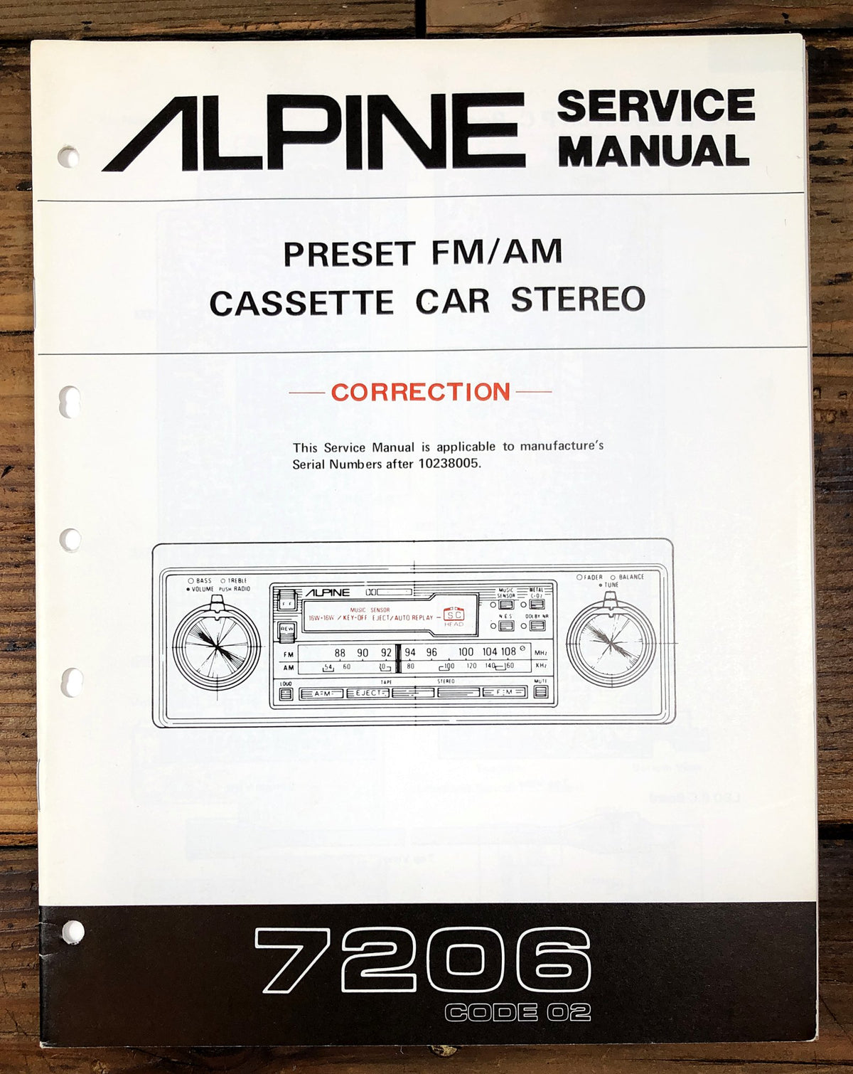 Alpine 7206 Preset FM/AM Cassette Car Stereo Supp. Service Manual *Original*