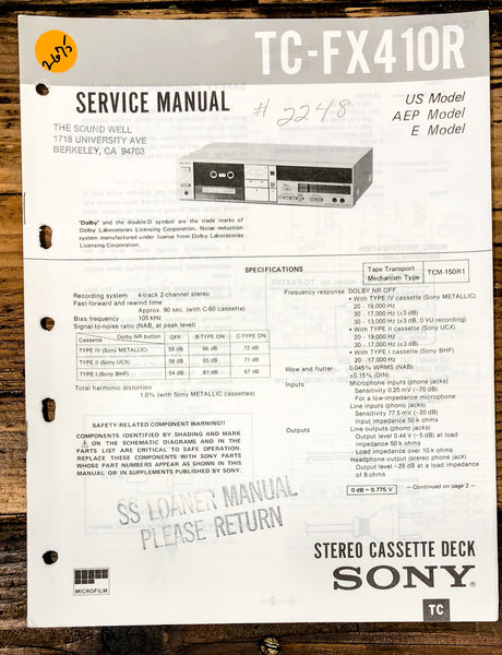 Sony TC-FX410R Cassette   Service Manual *Original*