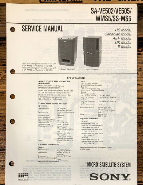 Sony SA-VE502 SA-VE505 -WMS5 SS-MS5 Speaker  Service Manual *Original*