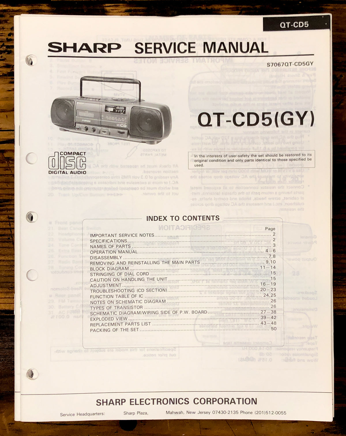 Sharp QT-CD5 Radio Service Manual *Original*