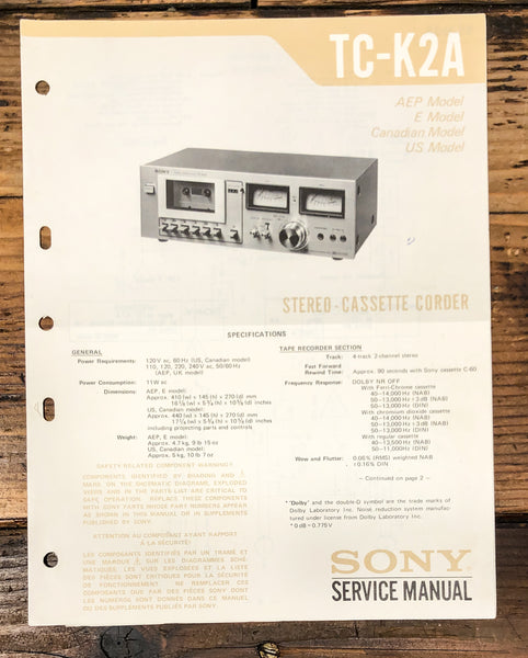 Sony TC-K2A Cassette Service Manual *Original*