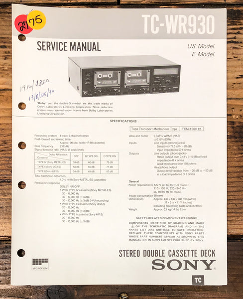 Sony TC-WR930 Cassette Service Manual *Original*