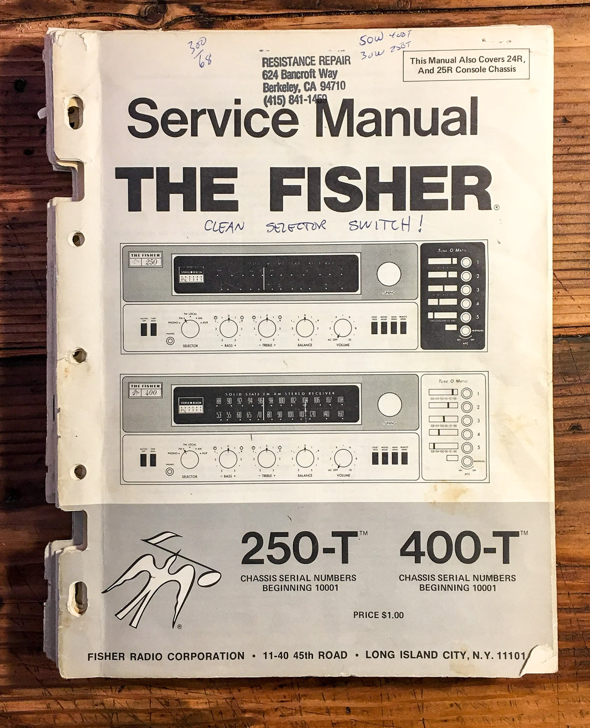 Fisher Model 250-T 400-T Receiver  Service Manual *Original*