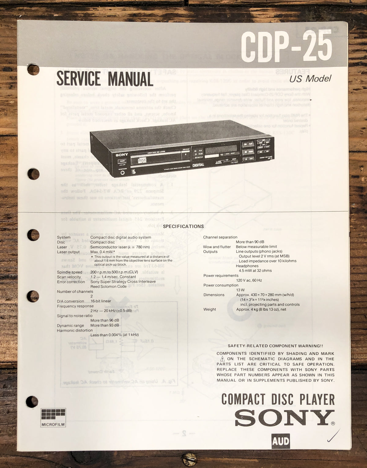 Sony CDP-25 CD Player Service Manual *Original*