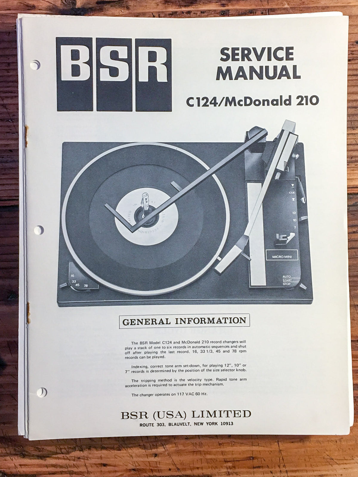 BSR / McDonald Model C124 McDonald 210 Record Player  Service Manual *Original*