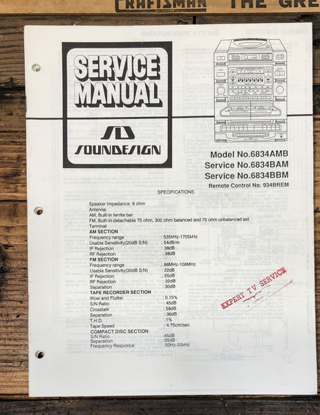 Soundesign Model 6834 AMB BAM Stereo Service Manual *Original*