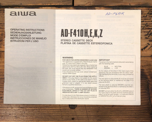 Aiwa AD-F410  Cassette Owners / User Manual *Original*