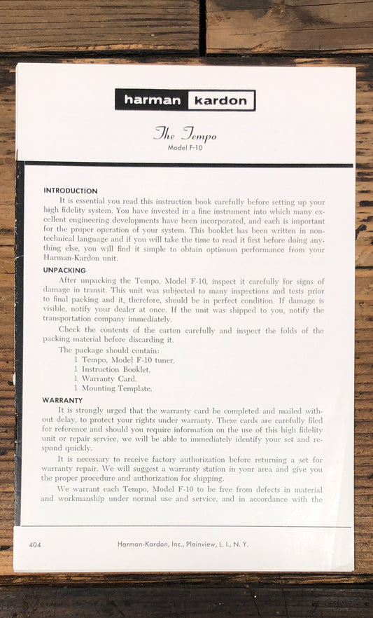 Harman Kardon HK F-10 The Tempo Tuner  Owner / User Manual *Original*