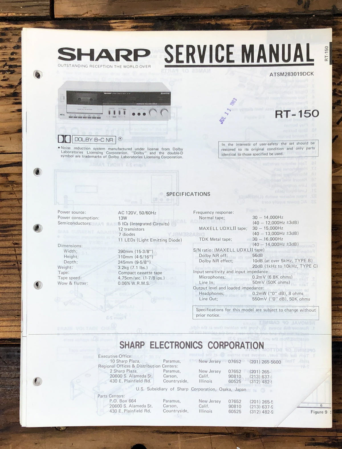 Sharp RT-150 Cassette Service Manual *Original*