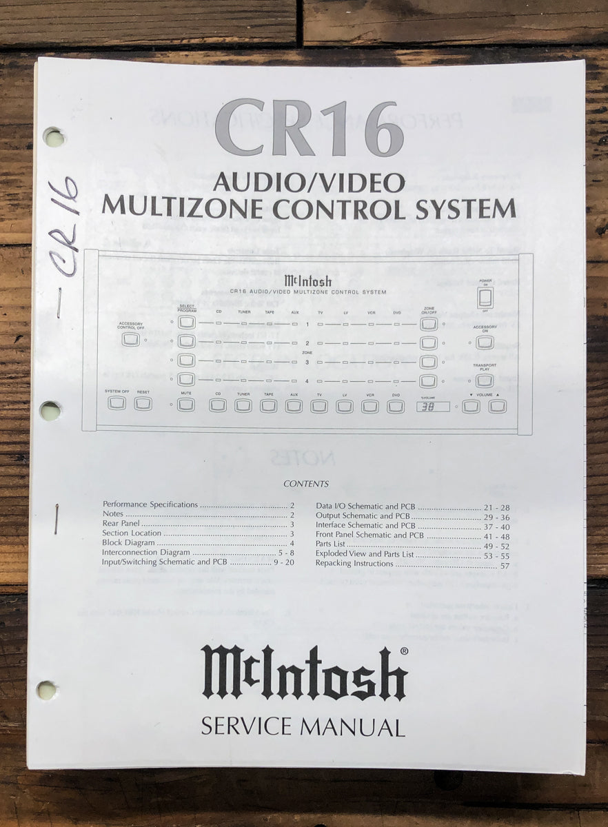McIntosh CR16 CR-16 Remote Control Center  Service Manual *Original*