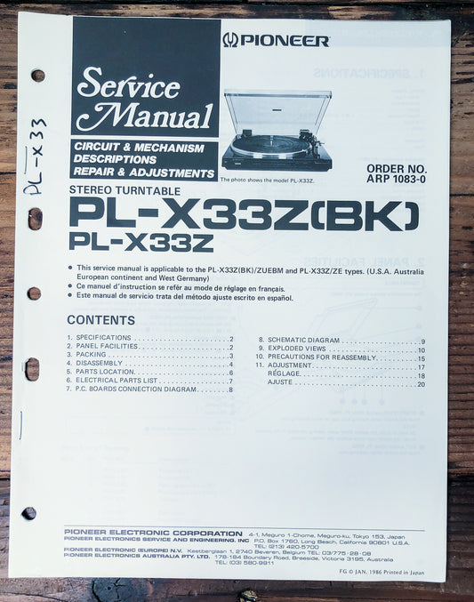 Pioneer PL-X33Z Turntable Service Manual *Original*
